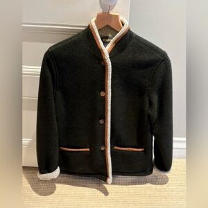 Woolrich olive green  Jacket with Cream Sherpa Trim and Brown Leather Piping